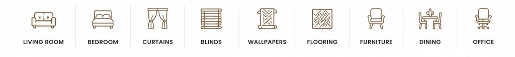 Home furnishing categories including living room, bedroom, curtains, blinds, wallpapers, flooring, furniture, dining, and office solutions by Comfort Point.